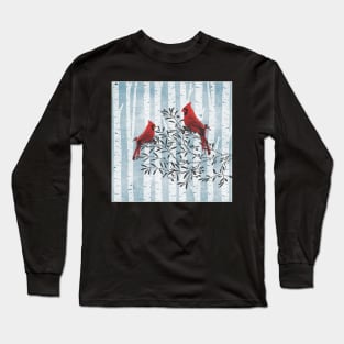 Cardinal Bird Art, Spiritual Messengers Birds and Birch Trees, Snow & Cardinals Long Sleeve T-Shirt